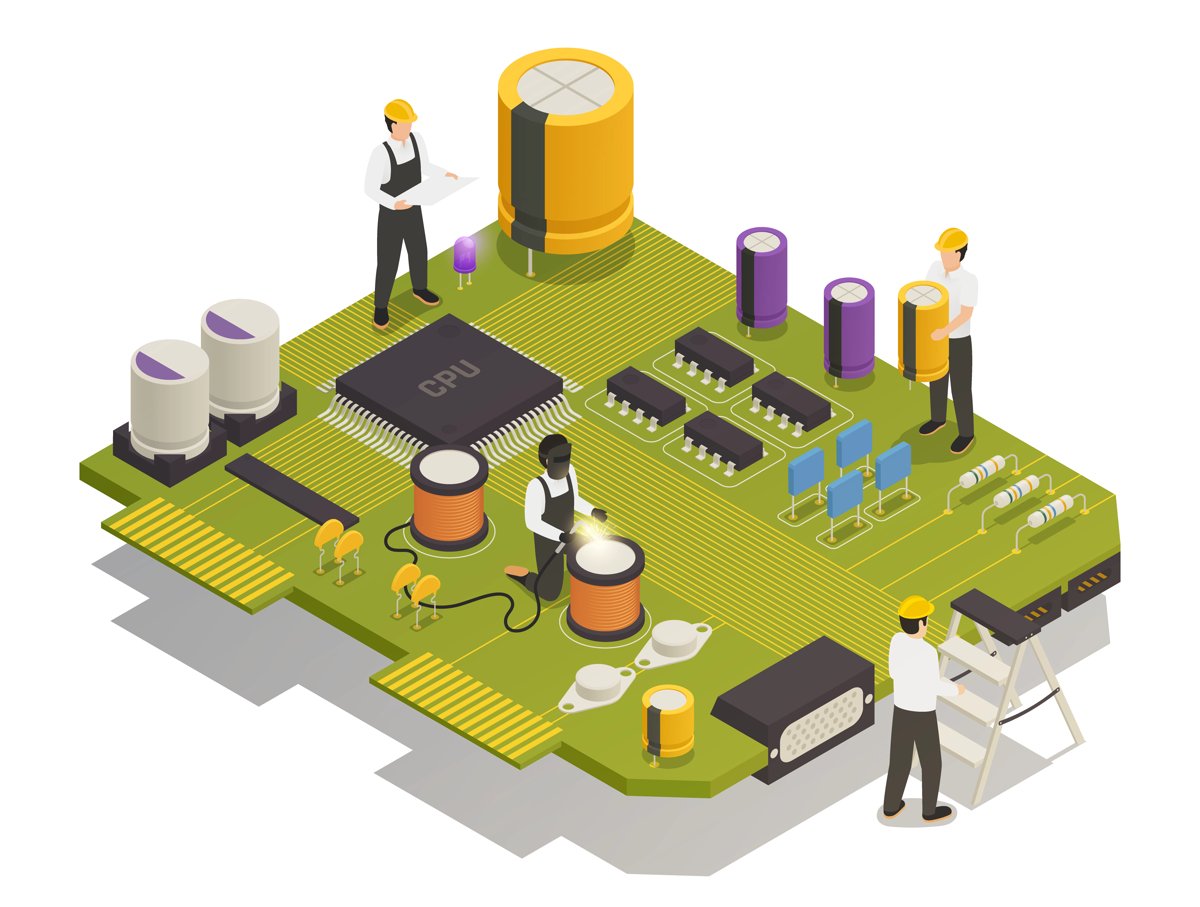 Semiconductor electronic components isometric composition with 4 men assembling resistors diodes on printed circuit board vector illustration